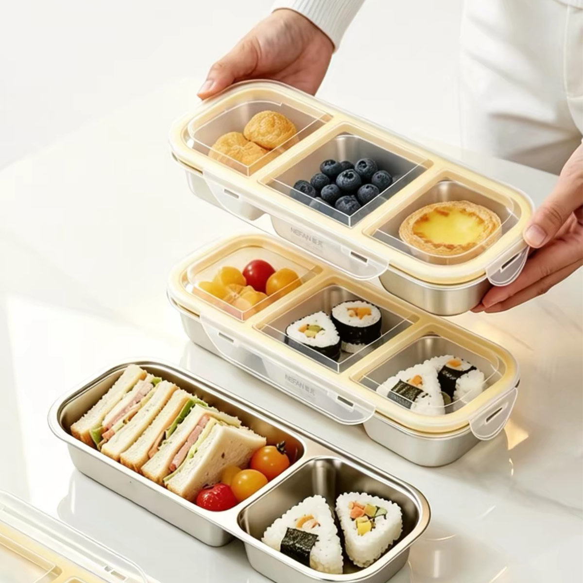 Food Storage Warehouse - ภาชนะเก็บอาหารสแตนเลสพร้อมฝาปิด, กล่องอาหารกลางวันแบบปิดสนิทเกรดอาหาร, ภาชนะใส่อาหารแบบสามช่อง