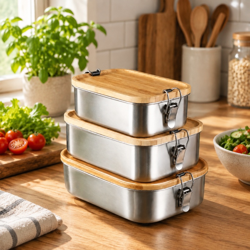 Food Storage Lunch Box - กล่องอาหารกลางวันสแตนเลส 304 ทนทาน พร้อมฝาไม้ไผ่ กล่องเก็บอาหารสไตล์ญี่ปุ่นสำหรับใส่อาหาร