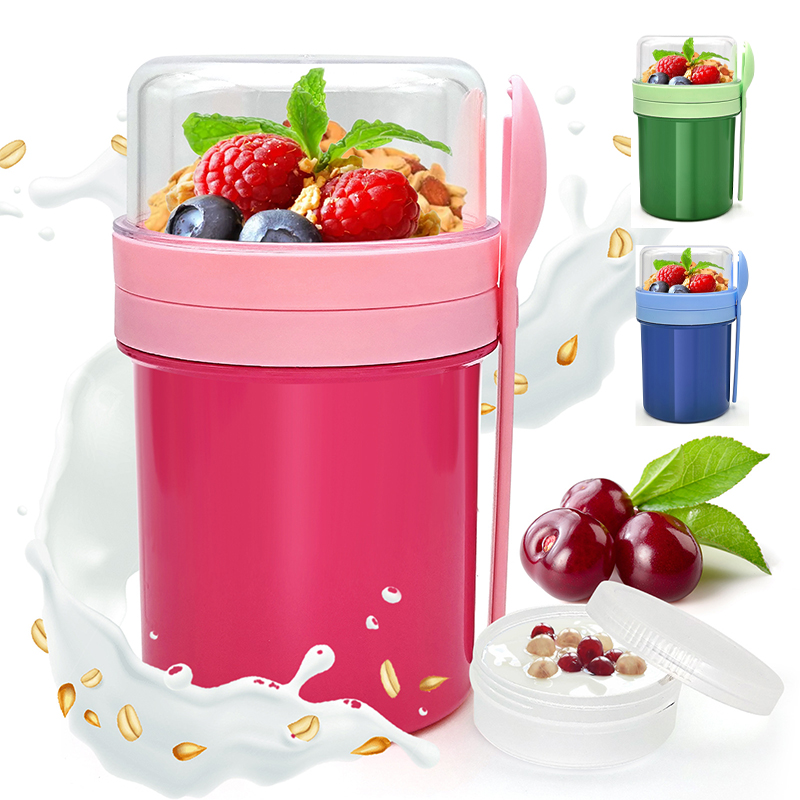 Food Storage Warehouse - ถ้วยใส่โอ๊ตมีลแบบพกพาสองชั้น ปิดผนึกกันรั่ว สำหรับใส่สลัด อาหารเช้า พร้อมช้อนส้อม ภาชนะใส่โยเกิร์ตสำหรับกิจกรรมกลางแจ้ง