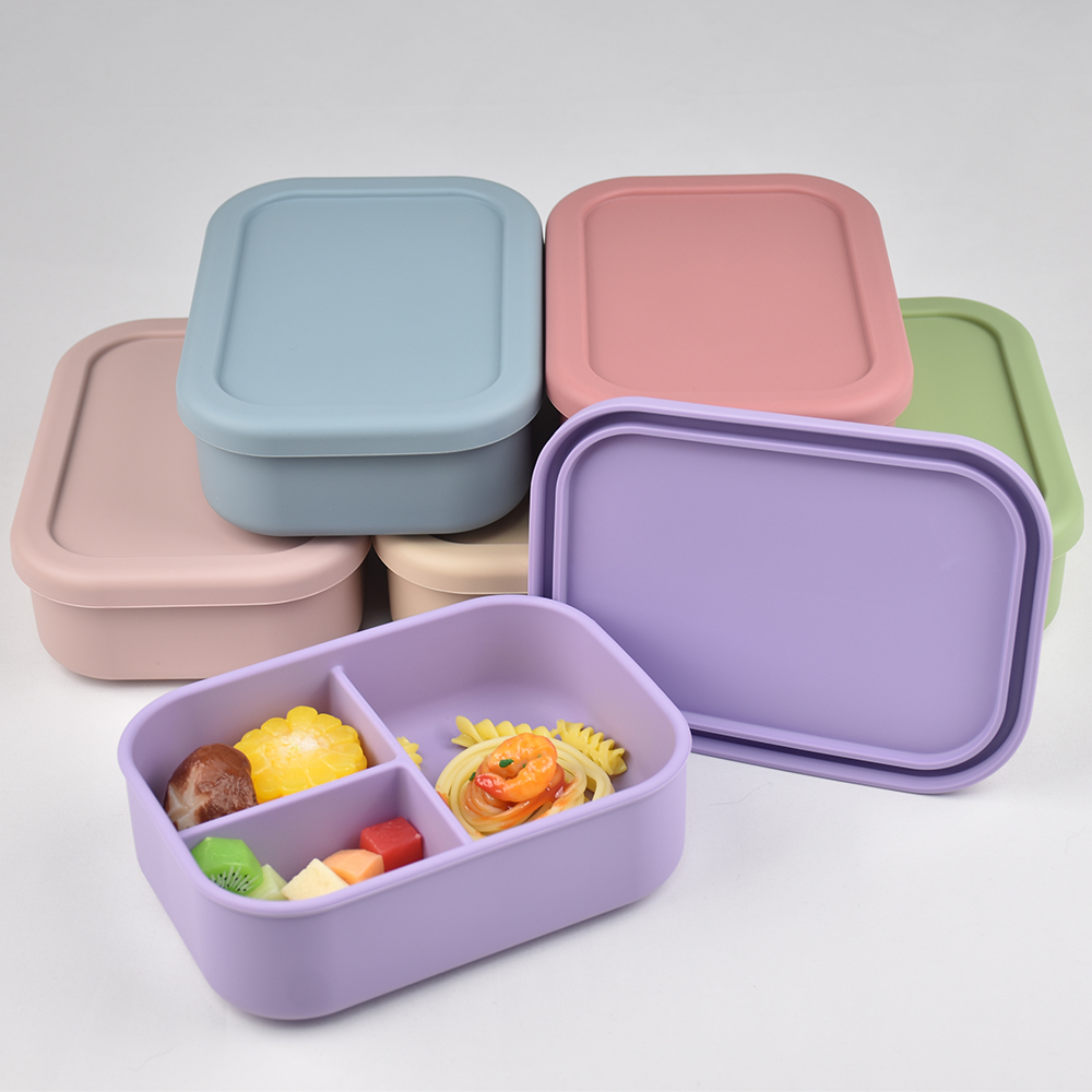 Food Storage Prep Containers - กล่องอาหารกลางวันแบบซิลิโคน 3 ช่อง สำหรับเด็กและผู้ใหญ่ - ป้องกันการรั่วซึม