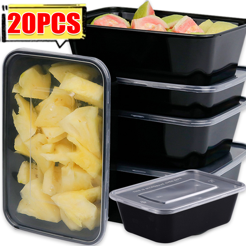 Food Storage Prep Containers - 10/20x ภาชนะเก็บอาหารพร้อมฝาปิดภาชนะเตรียมอาหารแบบใช้แล้วทิ้งป้องกันการรั่วซึมสีดำกล่องเบนโตะอาหารกลางวันเครื่องใช้บนโต๊ะอาหารในครัว