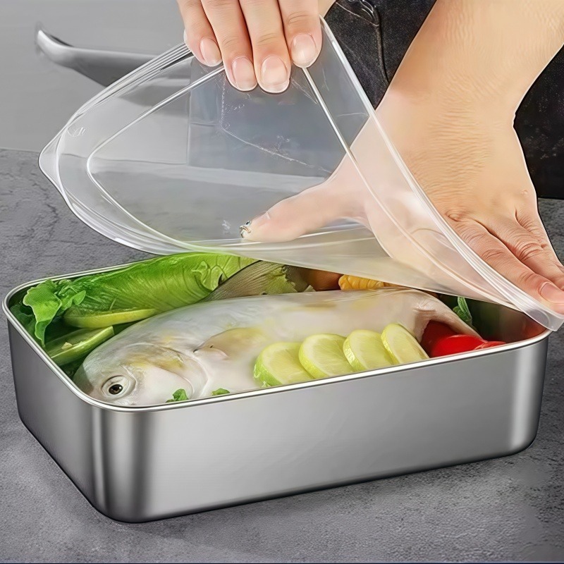 Food Storage Lunch Box - หนาสแควร์แผ่นสแตนเลสสี่เหลี่ยมผืนผ้ากระทะเก็บอาหารพร้อมฝาปิด Commercial จานถาด Freshing กล่องอาหารกลางวันคอนเทนเนอร์