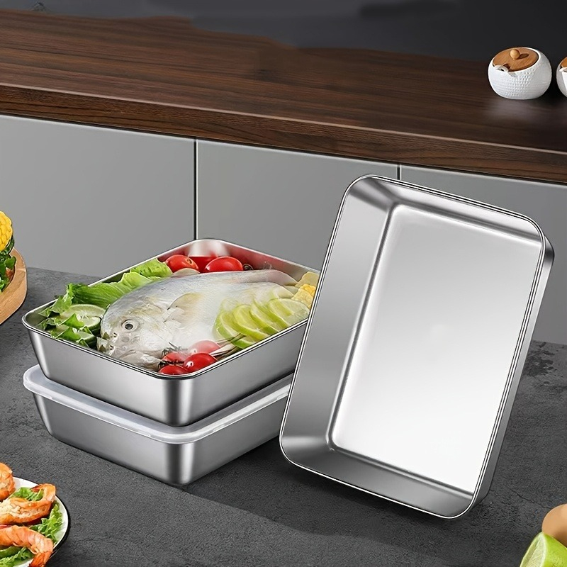 Food Storage Lunch Box - 3/6 ชิ้น กล่องเก็บอาหารสแตนเลสทรงสี่เหลี่ยมพร้อมฝาปิด กล่องอาหารกลางวันแบบหนา จานสี่เหลี่ยม ถาดใส่อาหาร