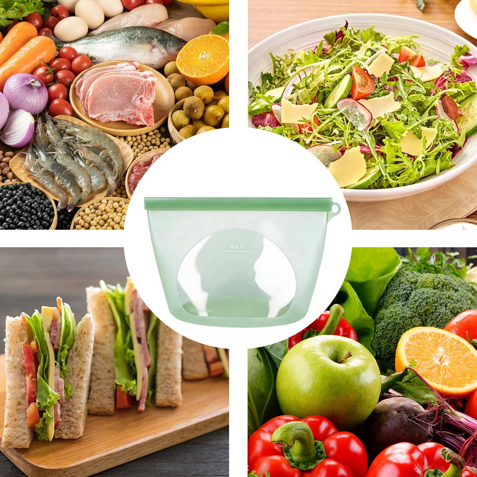 Food Storage Bags Zip Lock Pouch - ถุงซิปล็อคซิลิโคน 1000 มล. ถุงทนความร้อนสำหรับเตาอบ พร้อมพื้นที่เขียนได้ ถุงเก็บอาหารแช่แข็ง
