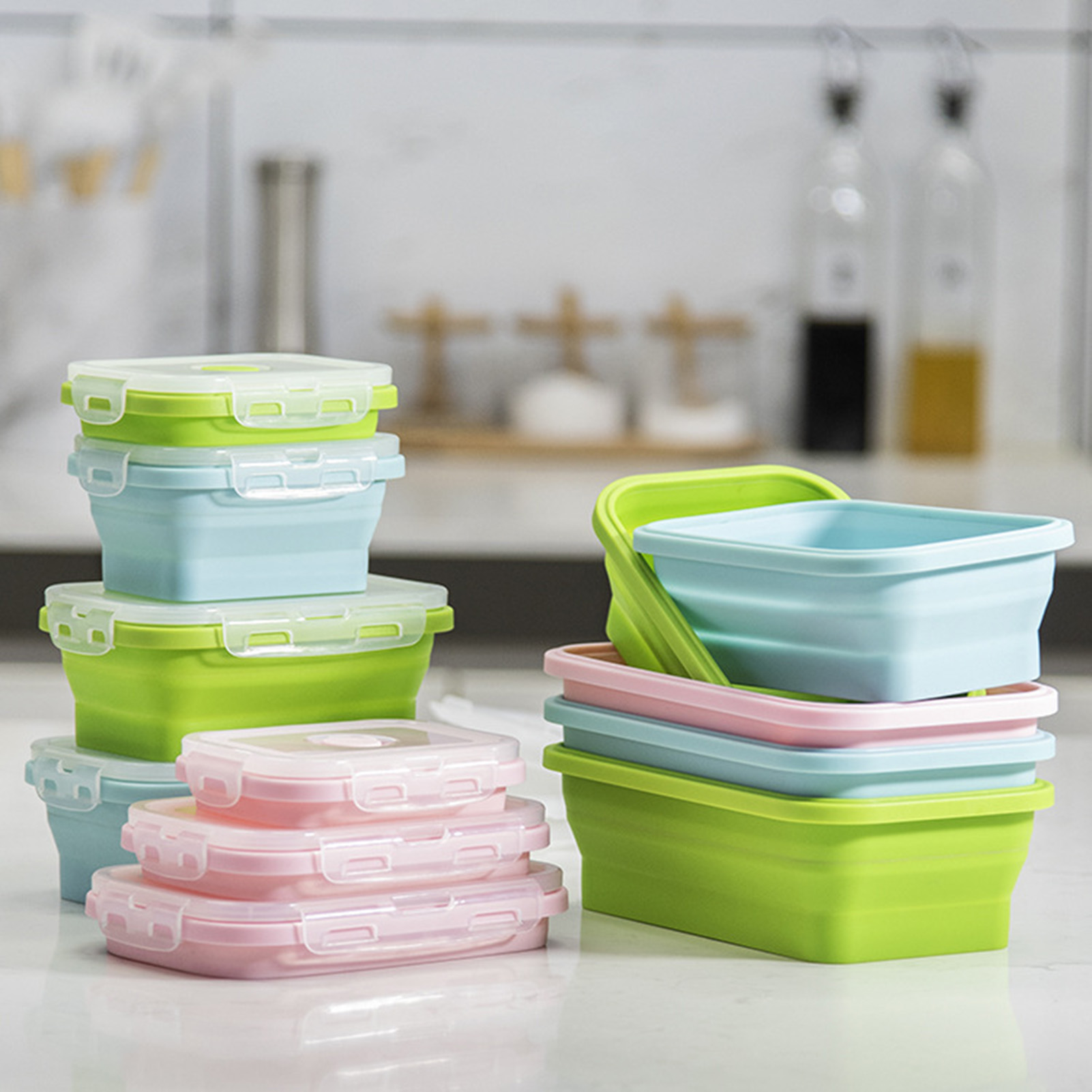 Food Storage Lunch Box - กล่องอาหารซิลิโคน เกรดอาหาร พับเก็บได้ ใช้กับไมโครเวฟได้ พกพาสะดวก กล่องเบนโตะสำหรับสำนักงาน