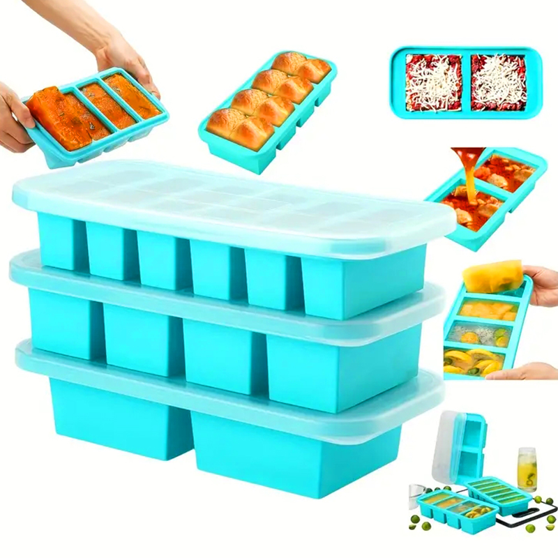 Food Storage Prep Containers - แม่พิมพ์ซิลิโคนสำหรับแช่แข็งแบบ 2 หรือ 3 ช่อง พร้อมฝาปิด