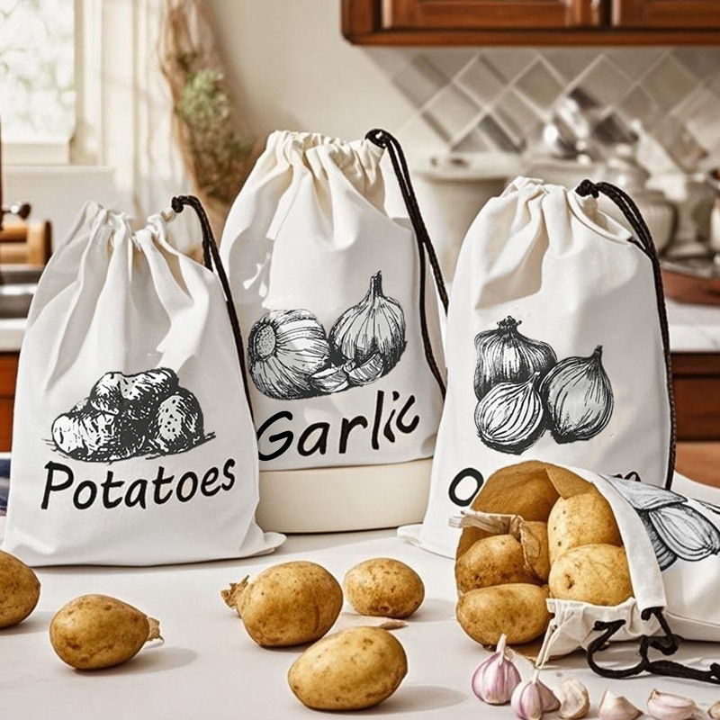 Food Storage Zipper - ถุงเก็บของลายมันฝรั่ง หัวหอม กระเทียม ถุงเก็บผักในครัวแบบทนทาน ถุงเก็บอาหารแบบมีเชือกผูกพร้อมซิป