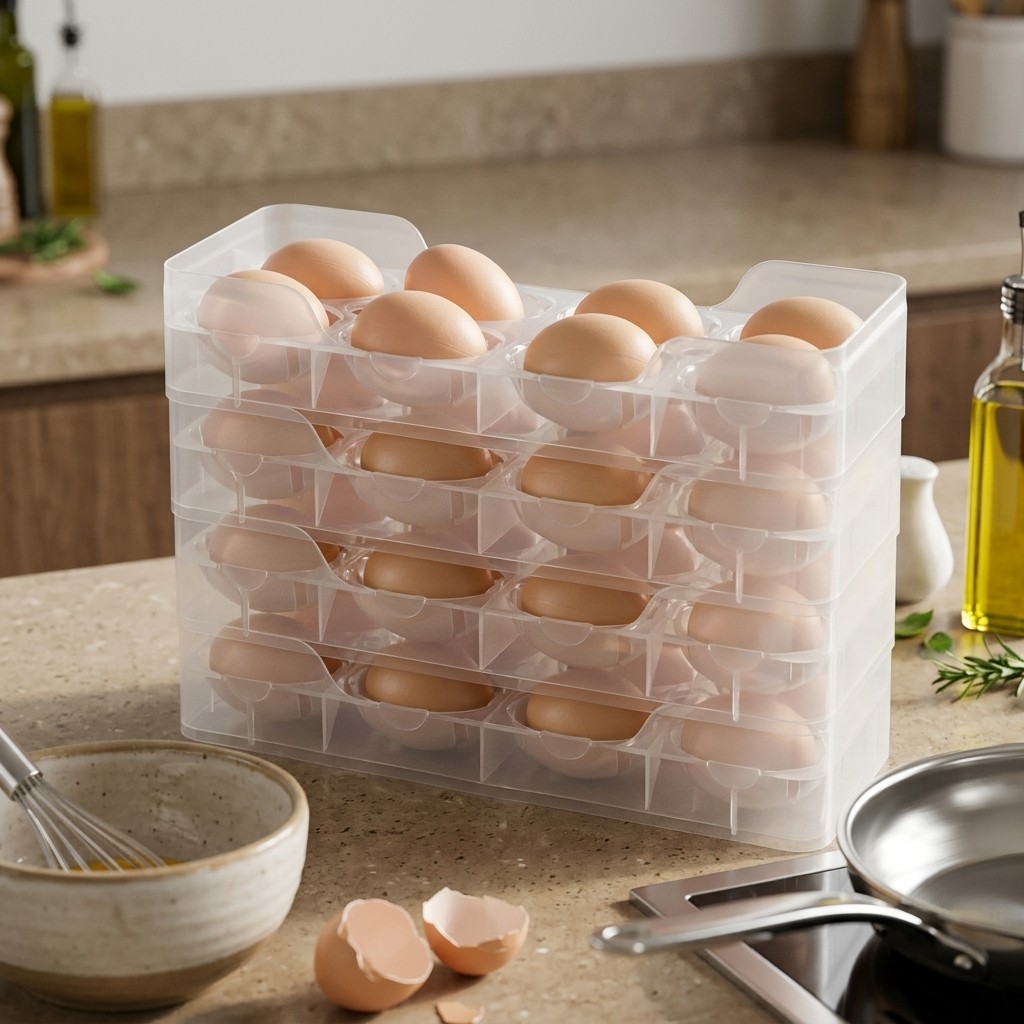 Food Storage Table - ที่วางไข่แบบซ้อนกันได้ กล่องเก็บไข่ใสสำหรับจัดระเบียบตู้เย็น ถาดวางไข่สำหรับเคาน์เตอร์ครัวหรือประตูด้านข้างตู้เย็น ภาชนะพลาสติก