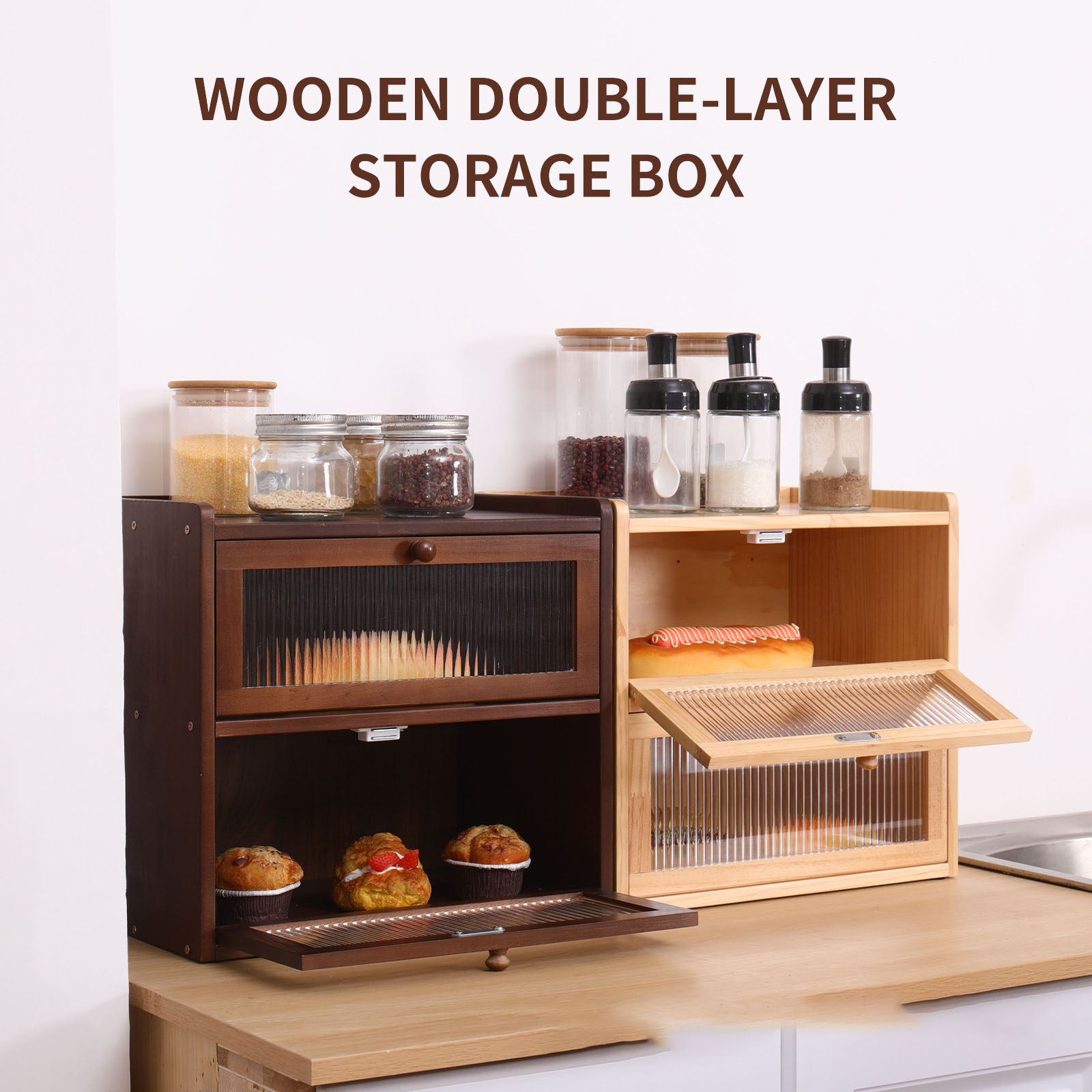 Food Storage Acrylic Containers - กล่องใส่ขนมปัง กล่องเก็บขนมปังโฮมเมดสำหรับวางบนเคาน์เตอร์ครัว แบบสองชั้น พร้อมฝาปิดอะคริลิคแบบเปิดได้ กล่องเก็บของไม้