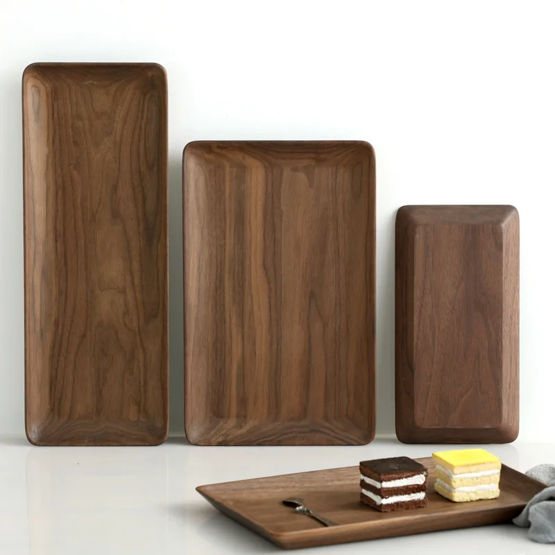 Food Storage And Organizer - ถาดไม้วอลนัทสีดำแบบชิ้นเดียว ทรงสี่เหลี่ยม สำหรับเสิร์ฟอาหาร ชา ผลไม้ ใช้ตกแต่งบ้านและห้องครัว