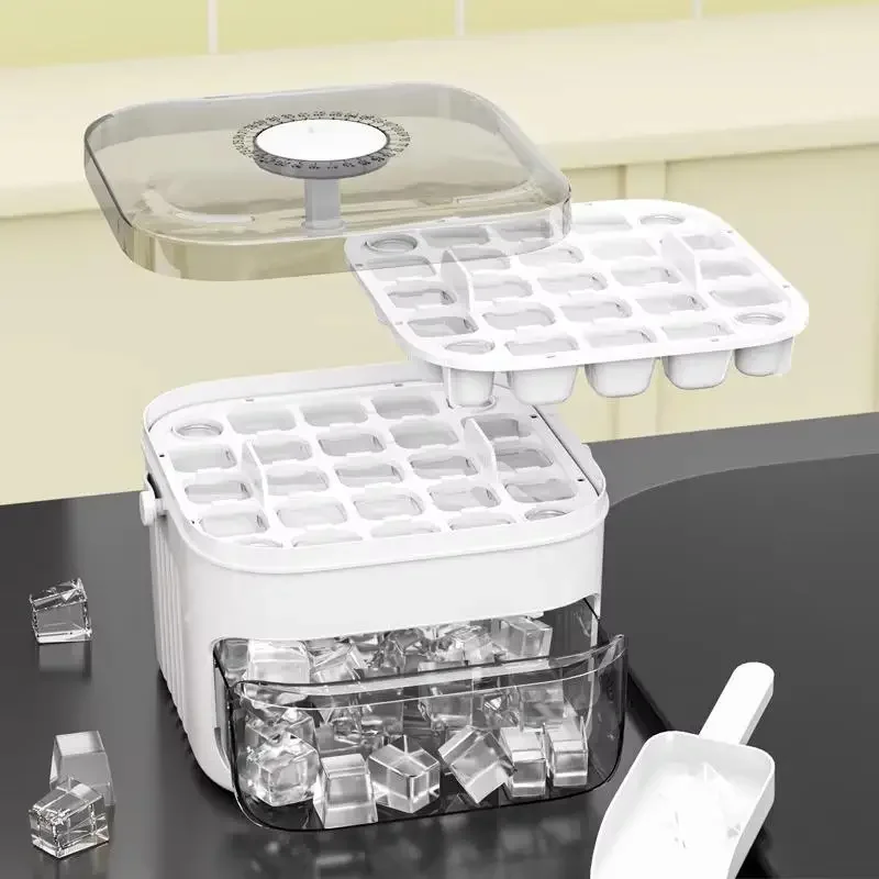 Xxl Food Storage Container - เครื่องทำน้ำแข็งก้อนพร้อมฝาปิดแบบกดง่าย ความจุขนาดใหญ่ กล่องเก็บน้ำแข็งสองชั้นสำหรับใช้ในครัวเรือน กล่องเก็บน้ำแข็งเกรดอาหาร ใช้ซ้ำได้