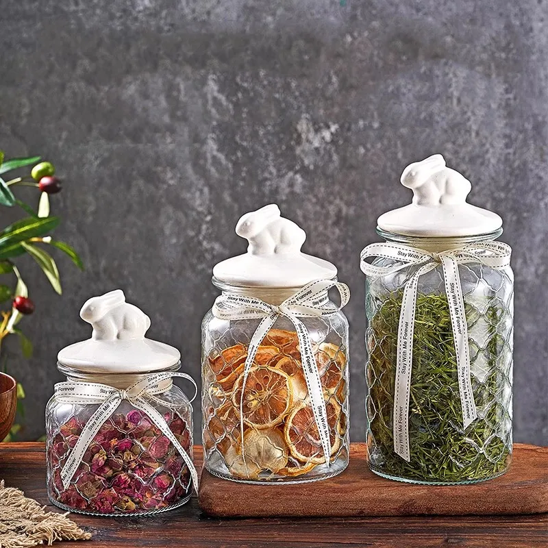 Food Storage Acrylic Containers - ขวดแก้วใสฝาปิดสนิท, ฝาเซรามิก, ภาชนะเก็บอาหาร, ขวดเก็บของในครัว, ภาชนะใส่ธัญพืช, กระป๋องชาสำหรับใช้ในบ้าน