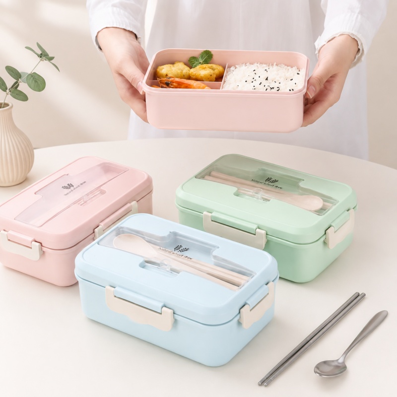 Food Storage Safe - กล่องอาหารกลางวันทำจากฟางข้าวสาลี ปลอดภัยสำหรับไมโครเวฟ กล่องเบนโตะแบบพกพาพร้อมชุดช้อนส้อม ภาชนะเก็บอาหารสำหรับเด็ก โรงเรียน และสำนักงาน